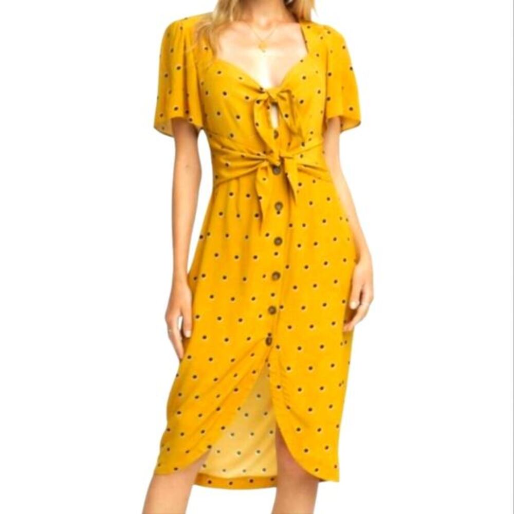 Astr The Label Mustard Yellow Polka Dot Tie Front‎ Button Down Midi Dress Large